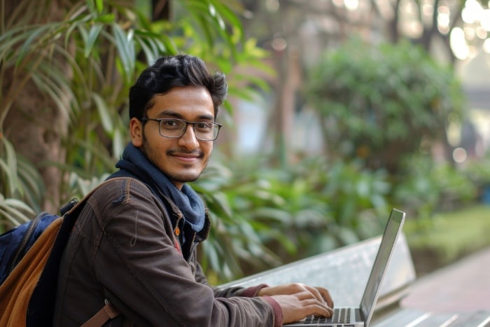 A young man with glasses and a backpack sitting outdoors using a laptop, smiling at the camera.