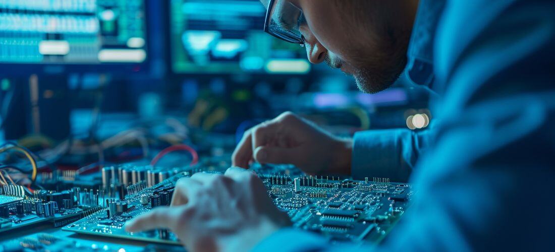 An electrical engineer working on circuit boards and electrical systems in a technical lab environment