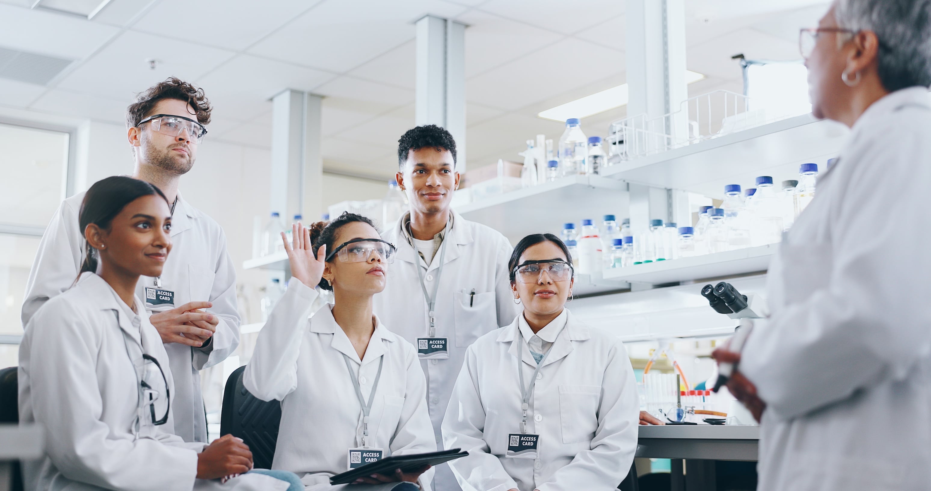 Meeting, research and group of scientists in laboratory with mentor for bio medical internship. Question, discussion and pharmaceutical science students with lecturer for experiment or discovery.