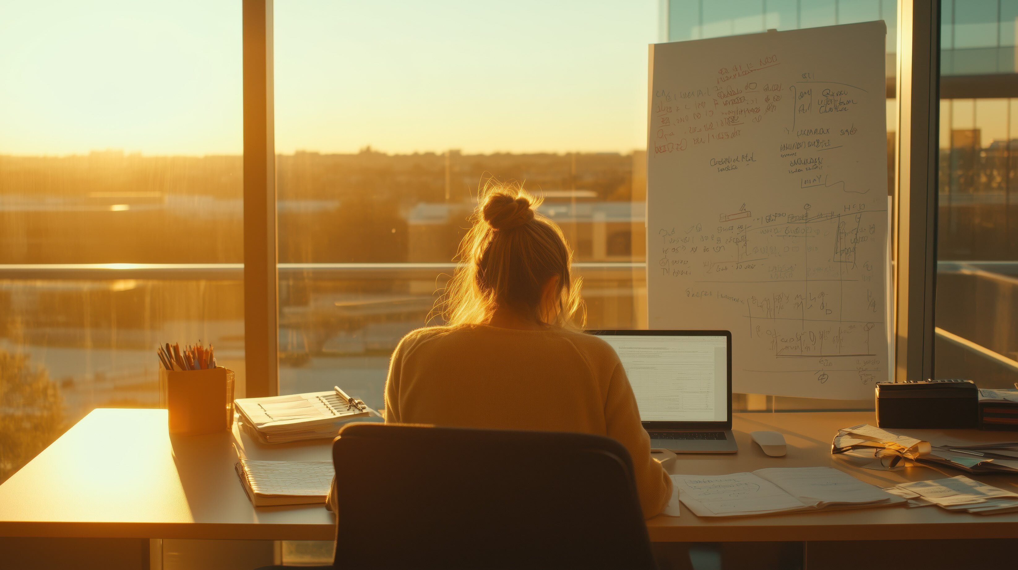 Graduate student, woman studying at desk focusing on writing research with laptop
