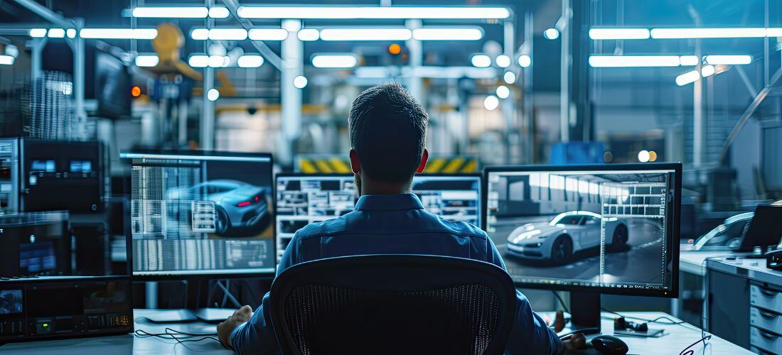 A person sits at a desk in front of multiple monitors displaying images of cars and technical diagrams, with a high-tech industrial background.