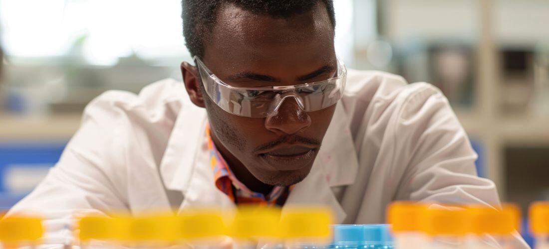 Scientist in lab coat examines samples in a lab.